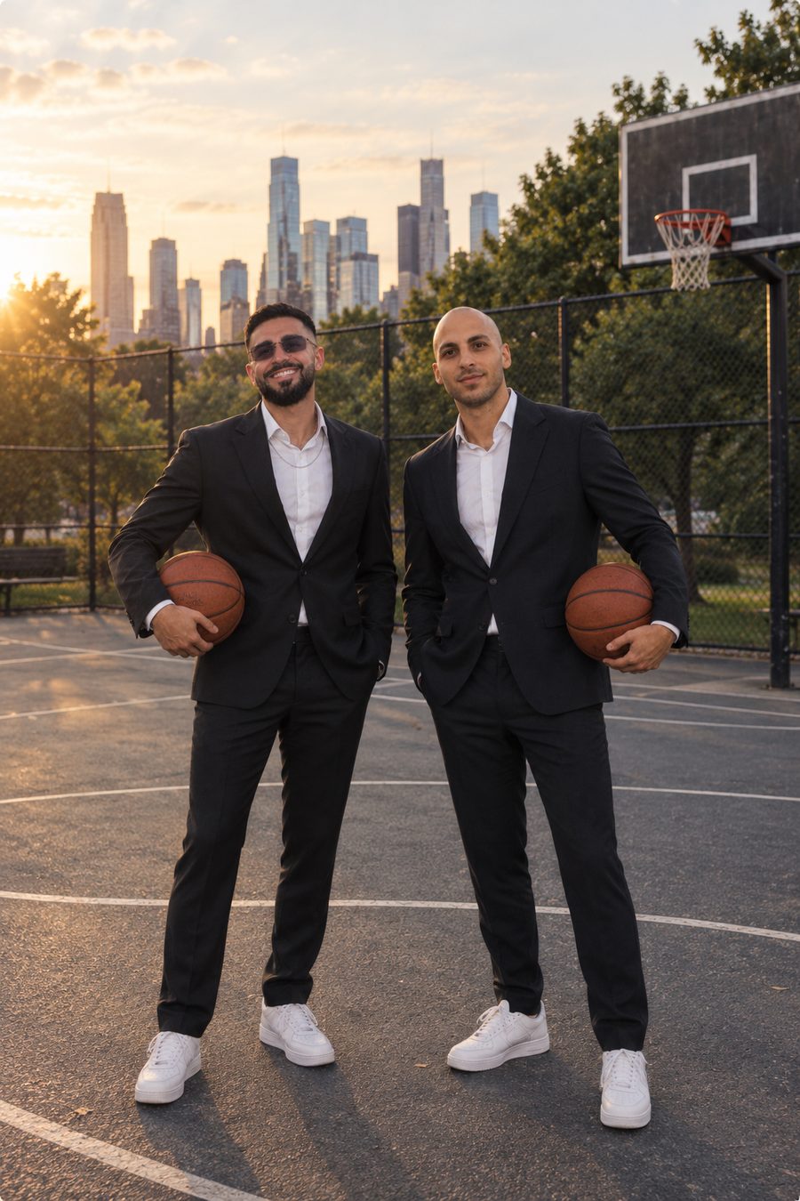 The founders of Dime4 holding basketballs on a basketball court